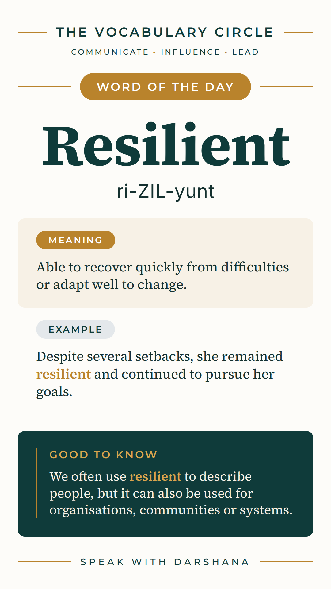Word of the Day card: Resilient, pronounced ri-ZIL-yunt. Meaning: Able to recover quickly from difficulties or adapt well to change.